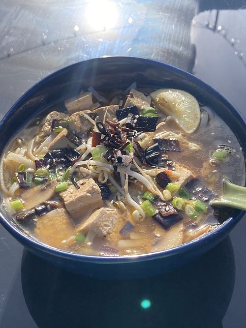 Tofu noodle bowl is vegan and gluten free  at Steamy Buddha in Ellsworth