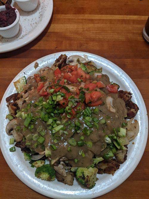 Three Sisters with mushroom gravy - yummy! Like thanksgiving leftovers in the morning at Morning Glory Cafe in Eugene