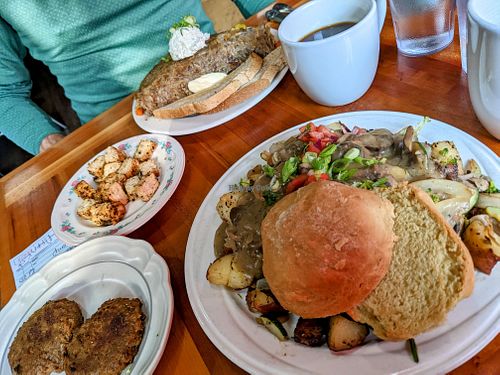 Three Sisters in front, Little Bears vegan omelette in back at Morning Glory Cafe in Eugene