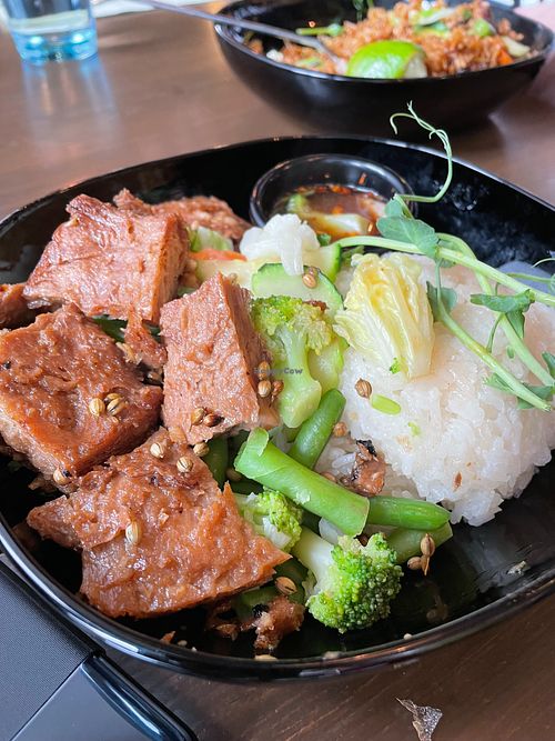Main dish - Sticky rice, fake meat and sautéed vegetables at Thai Vegan Kitchen in Helsinki