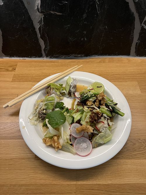 Dim sum hernis and Burmese tea leaves spicy salad.  at Thai Vegan Kitchen in Helsinki