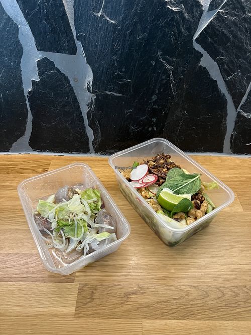 Dim sum hernis and Burmese tea leaves spicy salad.  at Thai Vegan Kitchen in Helsinki