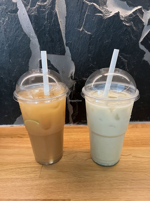 Mango tea and iced matcha latte  at Thai Vegan Kitchen in Helsinki
