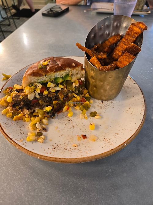 Elotes Burger w/Sweet Potato fries at North High Brewing Co in Dublin
