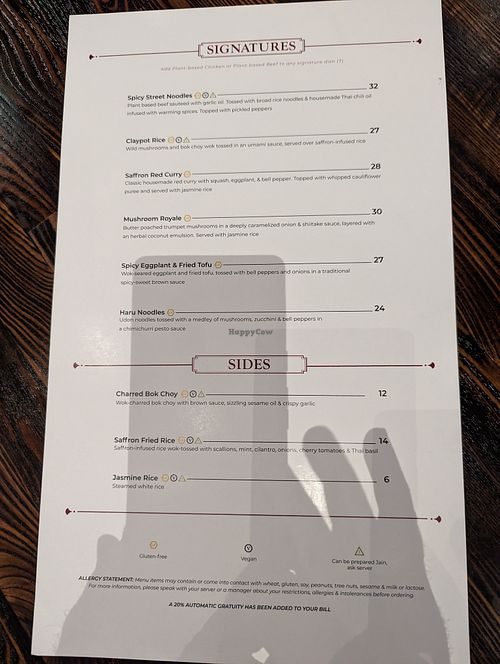 Menu at Saffron in Las Vegas