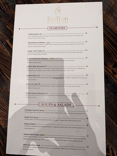 Menu at Saffron in Las Vegas