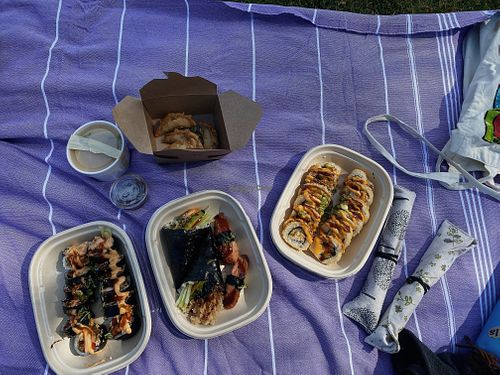 from left to right: ninja roll, miso soup, spider hand roll, shrimp hand roll, spam nigiri, gyoza, crunchy cali roll  at Kensho in Yorba Linda