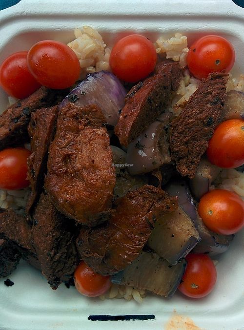 Adobo: The most popular dish of the Philippines! Soy chicken strips fried to a crisp, combined with soft eggplant then cooked in a marinade of soy sauce, vinegar, bay leaves, garlic, salt and pepper. at No Worries Cuisine in Oakland