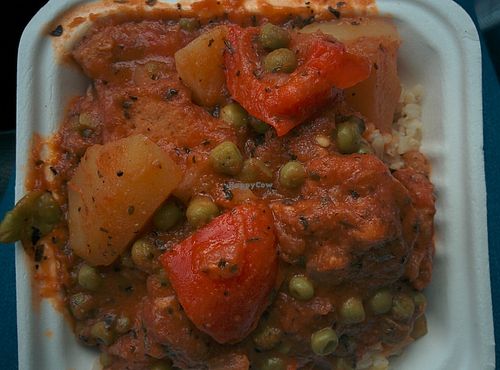 Apritada: A stew-like combination of soy chicken, potatoes, red bell peppers and green peas melted into a tomato based sauce. at No Worries Cuisine in Oakland