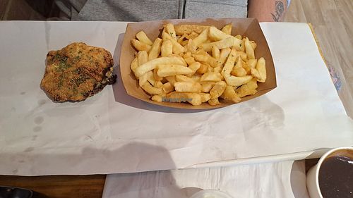 Vegan fishcake with chips and gravy at Athena B in Portslade