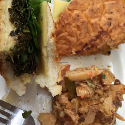 LA Vegan Cuban Sandwich with vegan potato salad. *I added vegan cheese and mayo that I brought with me.  at Green Goddess in New Orleans