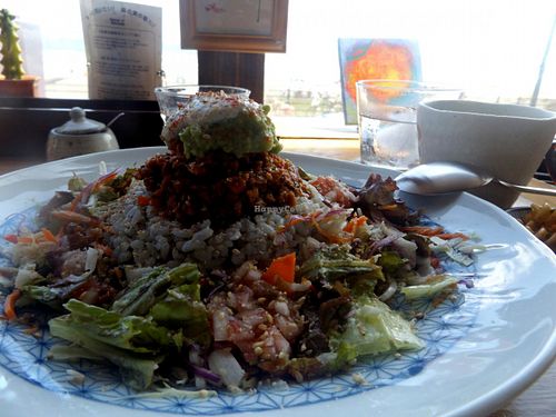 Taco rice plate (not sure if the avocado sauce and mayo dollops on top are vegan, fyi) at Magokoro in Kamakura