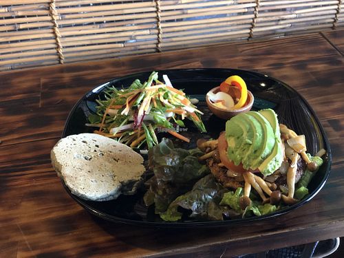 Teriyaki veg burger on a hemp pancake at Magokoro in Kamakura