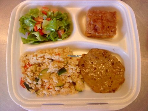 Cous cous salad + bread with mo yeast + green salad + apple pie at Prasadam in Zagreb