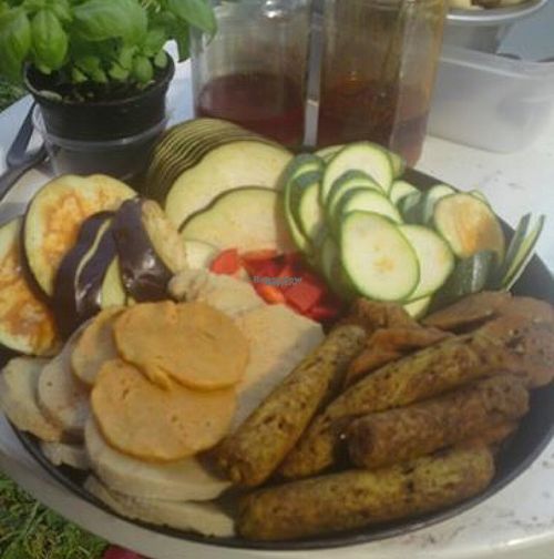 Seitan fake meat + grilled vegetables + bread at Prasadam in Zagreb