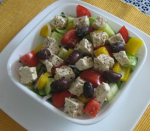 Vegan greek salad at Prasadam in Zagreb