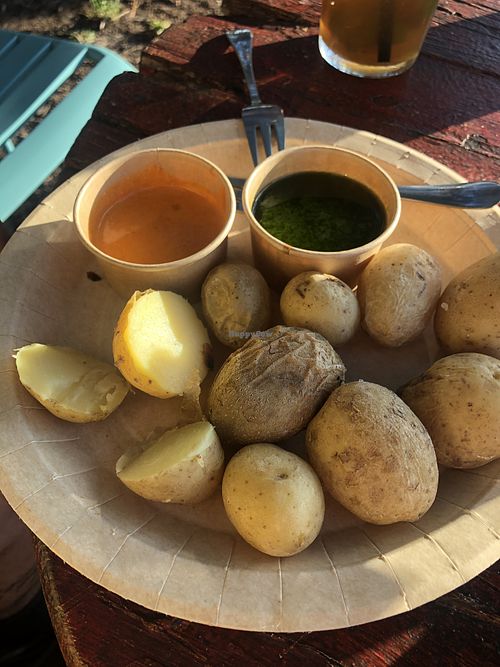 Potatoes with two types of mojo picón sauce, both vegan  at Chiringuito PataPalo in Arousa