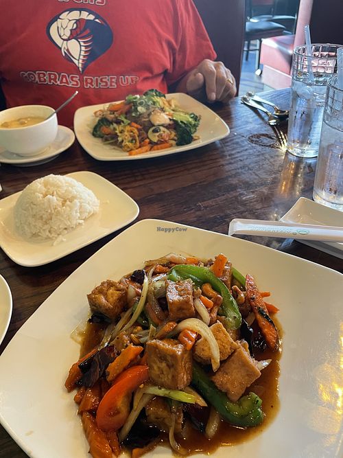 Vegan vegetable stir fry with tofu was fantastic! Great place to go with omnivores so everyone can enjoy their meals easily.  at Poy Thai and Sushi in Nashville