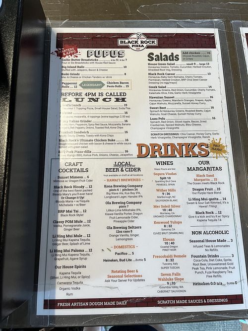 Menu - salads and drinks  at Black Rock Pizza in Captain Cook