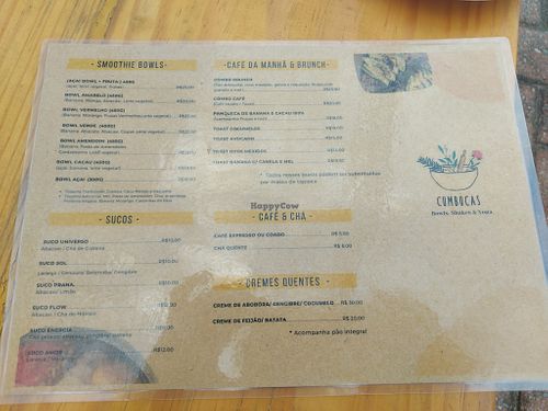 Menu. 
Hot food changes daily and is not advertised on the menu.  at Cumbucas in Sao Paulo