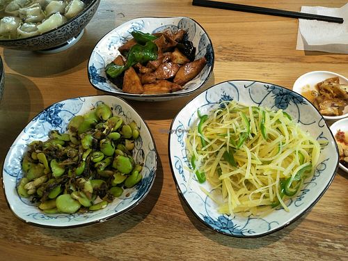 Shredded potatoe & peppers, fava beans, braised tofu. at Even Noodles Sing 碗阳春 in Shanghai