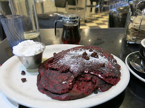 Red velvet pancakes at Champs Diner in Brooklyn