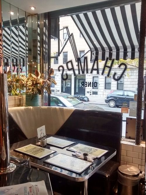 Corner and window at Champs Diner in Brooklyn