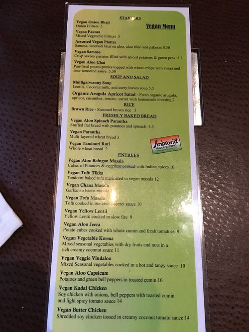 Vegan menu  at Ambrosia India Bistro in Monterey
