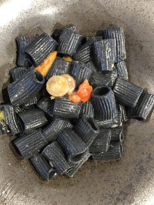 Homemade carbon pasta with veggies  at il Bosco delle Galline Volanti in Barolo