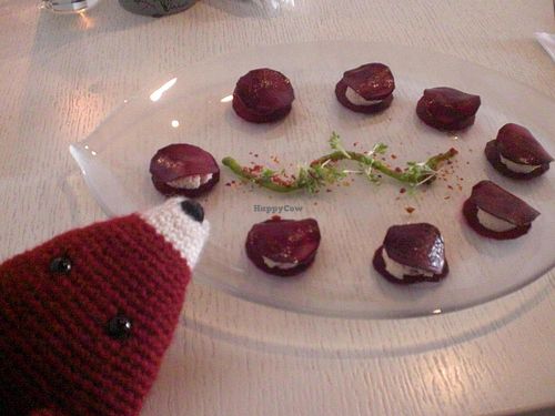 Beetroot with nut filling raw ravioli. Looks small but is filling at Botanique in Vilnius