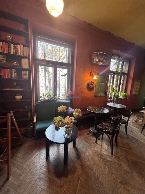Seats at Massolit Books & Café in Krakow