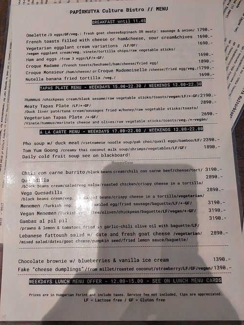 Menu at Papírkutya in Veszprem