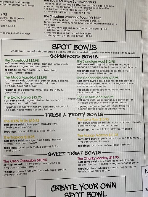 Bowl menu at The Spot in Princeville