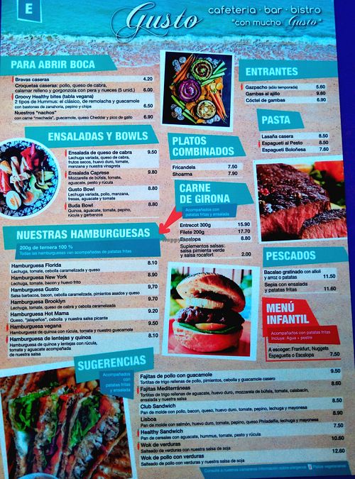 Menu at Gusto BistroBar in Blanes