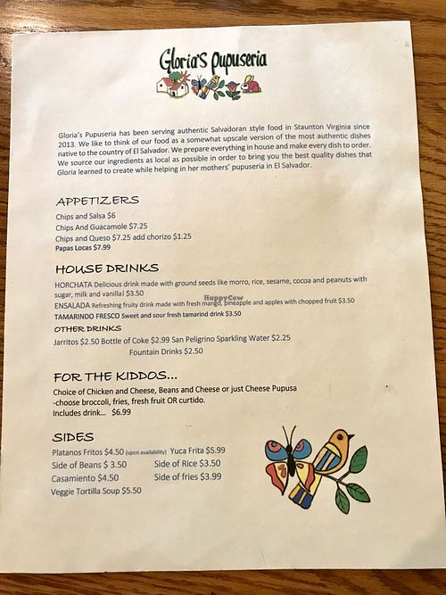 menu (10/2023)  at Gloria's Pupuseria in Staunton