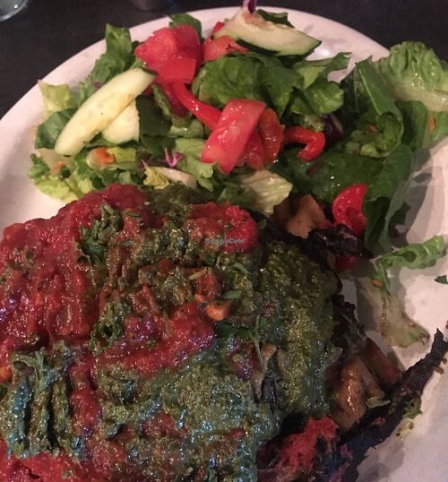 Lasagna with both sauces and a salad at Cafe Gertrude in Portland