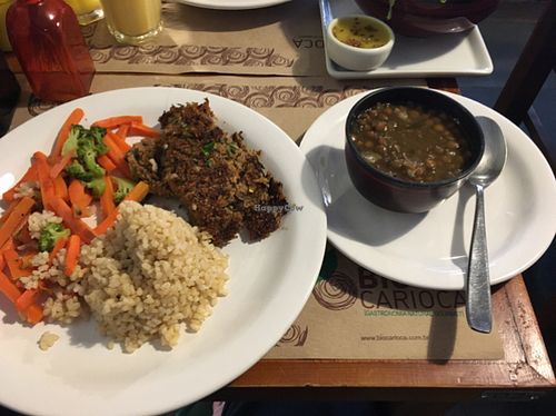 Set menu: Curried Indian lentil stew with banana and apple, brown rice, mixed vegetables  at Bio Carioca in Rio De Janeiro