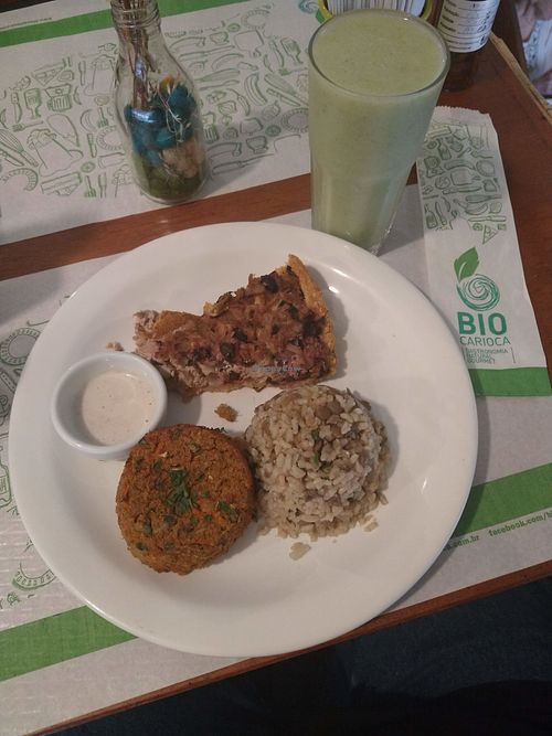 Monday vegan protein lunch: tofu quiche, quinoa burger, brown rice at Bio Carioca in Rio De Janeiro
