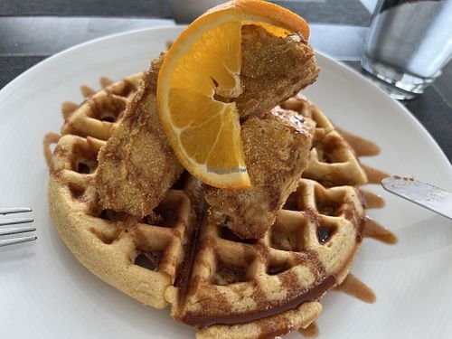 Waffle with buttermilk crispy tofu  at True Bistro in Somerville