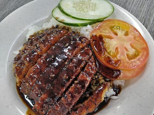 Black pepper "pork" rice at Lotus Seed 莲子素 in West Singapore