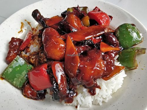 Gong bao monkey head mushroom rice set at Lotus Seed 莲子素 in West Singapore