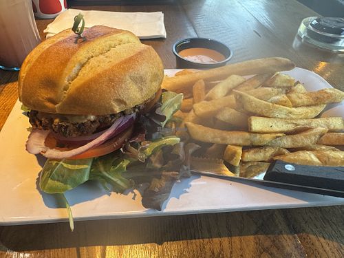 Vegan black bean burger with fries  at Blazing Onion Burger Company in Mill Creek