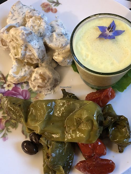 Friggitelli bell peppers, Finnish potato salad, and faux-gras at Koivu in Valchiusa