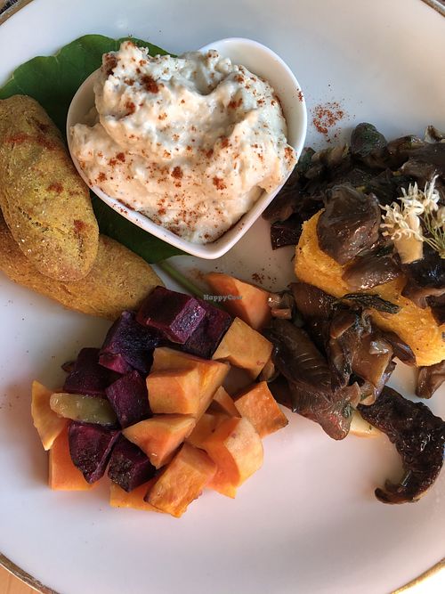 Cannellini bean hummus with pumpkin grissini, polenta with mushrooms, sweet potato roast  at Koivu in Valchiusa