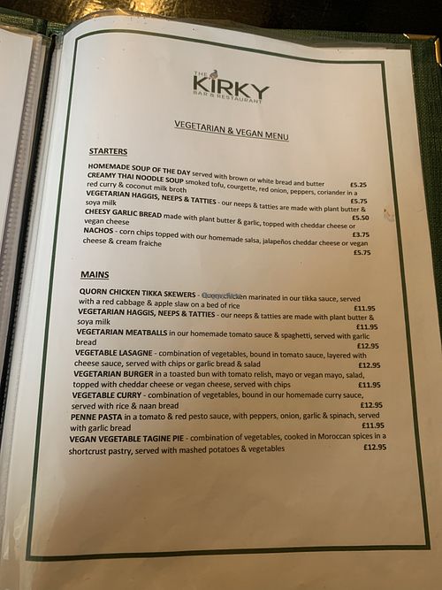 Vegetarian and vegan menu - nearly everything can be made vegan! at Kirkmichael Hotel in Blairgowrie