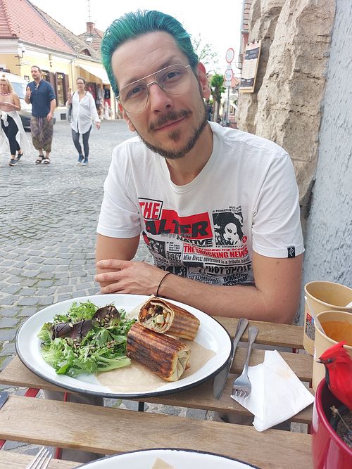 Happy and hungry vegan at Free Ride in Szentendre