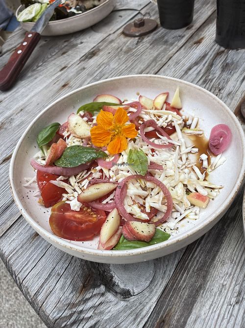 2023 vegan lunch options (tomato salad w vegan cheese)  at Salthamn Wild Food Cafe in Visby