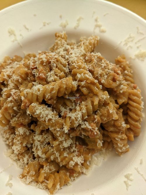 Pasta with vegetarian sausage and sauce at i timpi in Modica