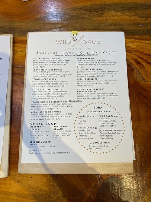 Vegan menu at Wild Sage Coffee & Kitchen in Reading