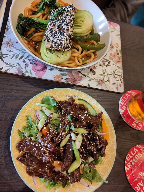 Sesame coated salmon with udon noodles + Crispy Chilli Beef at The Queen Inn in Cwmbran